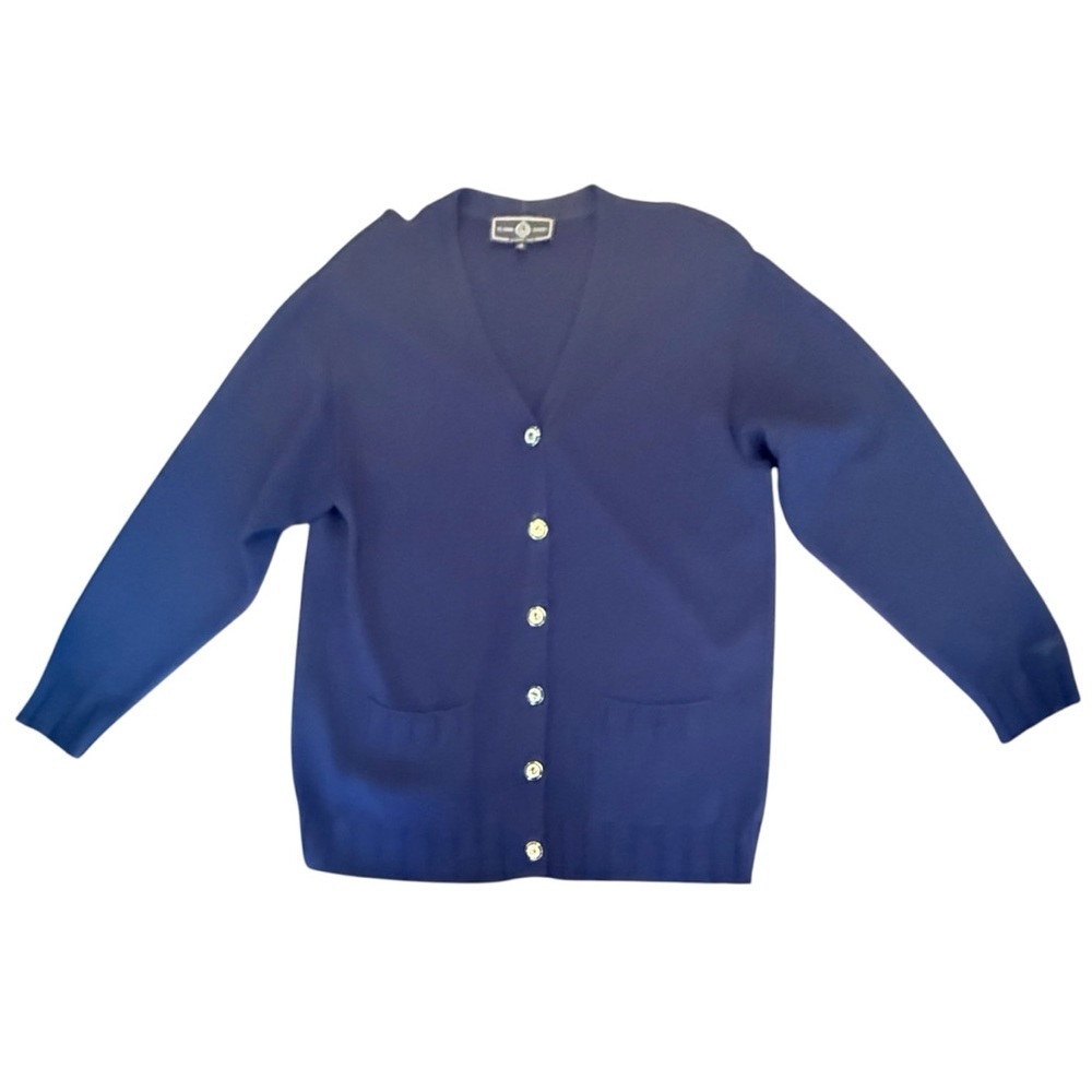 St John Navy/Gold V-neck Button Front Cardigan Sweater Size Medium MSRP $695